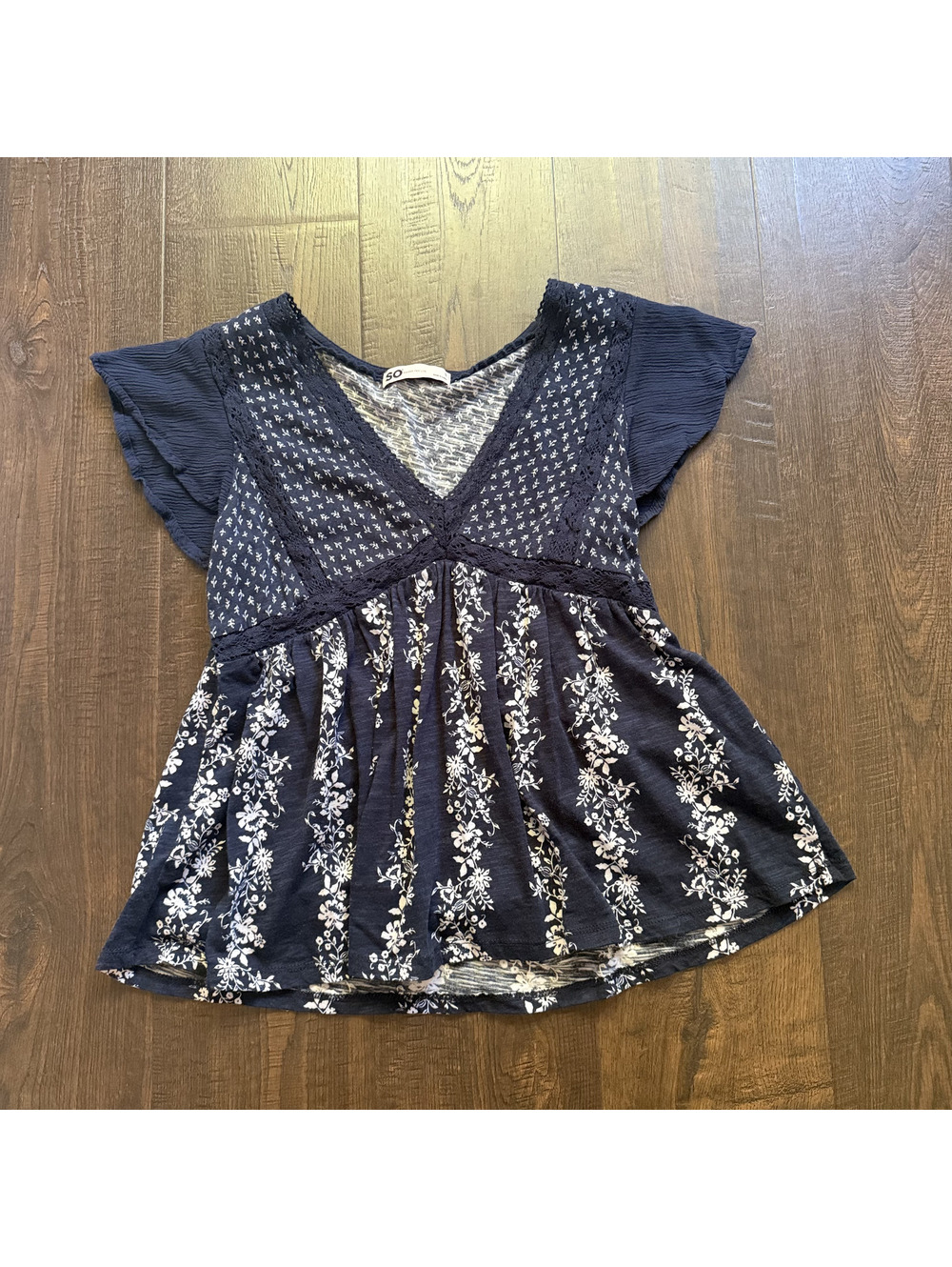 SO Navy Floral Lace Babydoll Top Size Small